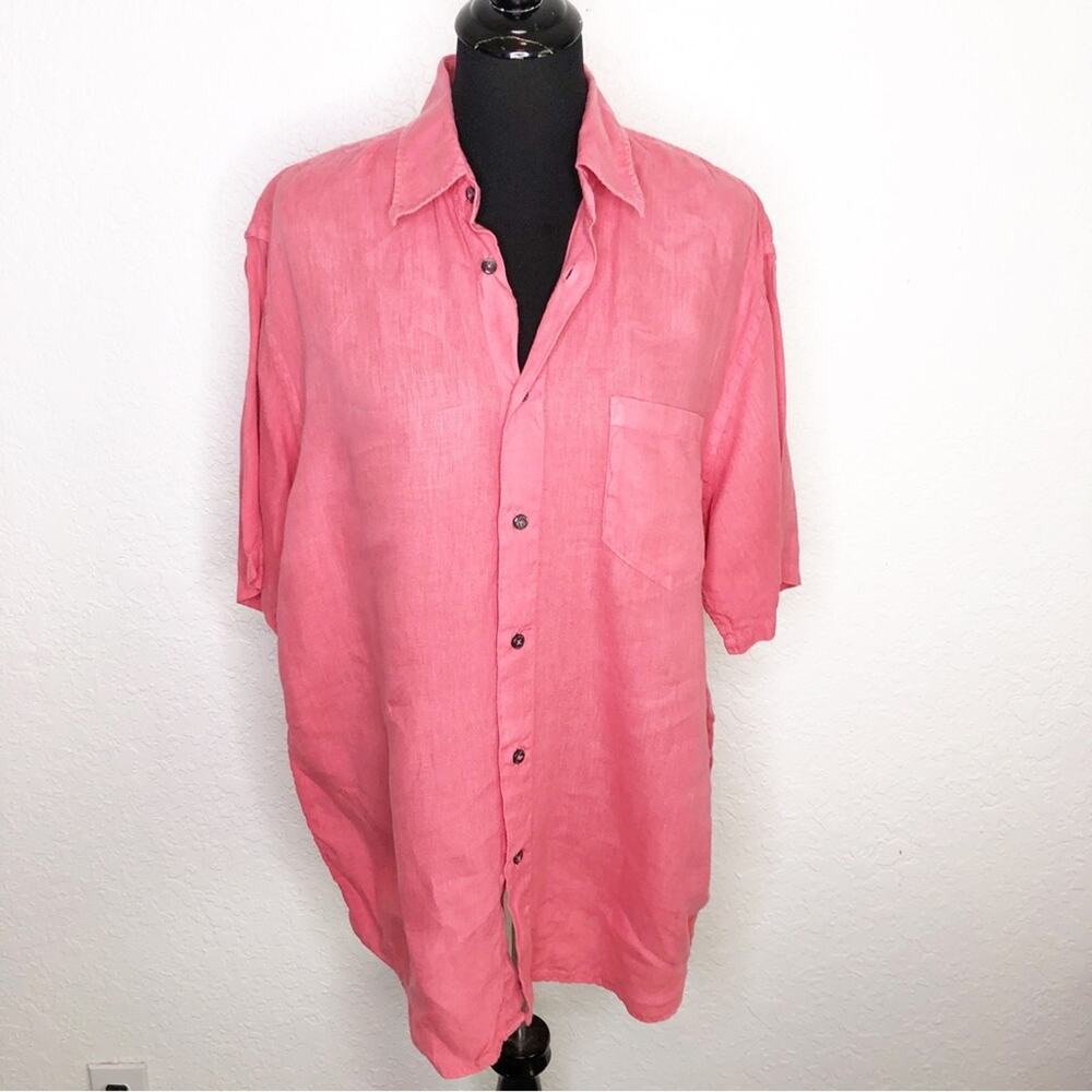 120% Lino bright coral pink linen‎ button down top lagenlook coastal classic